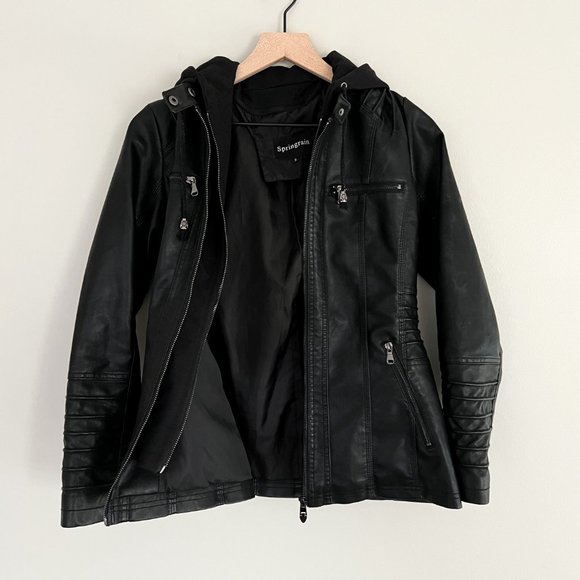 Black Leather Jacket with Detachable Hood - Picture 8 of 8